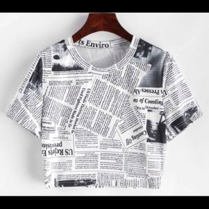 Zaful News Paper Print Crop Round Neck Tee